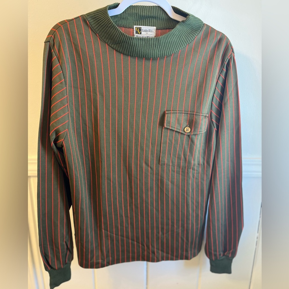 Vintage Golden Vee 70s Retro mock neck Knit Shirt Olive Green Strip unisex small